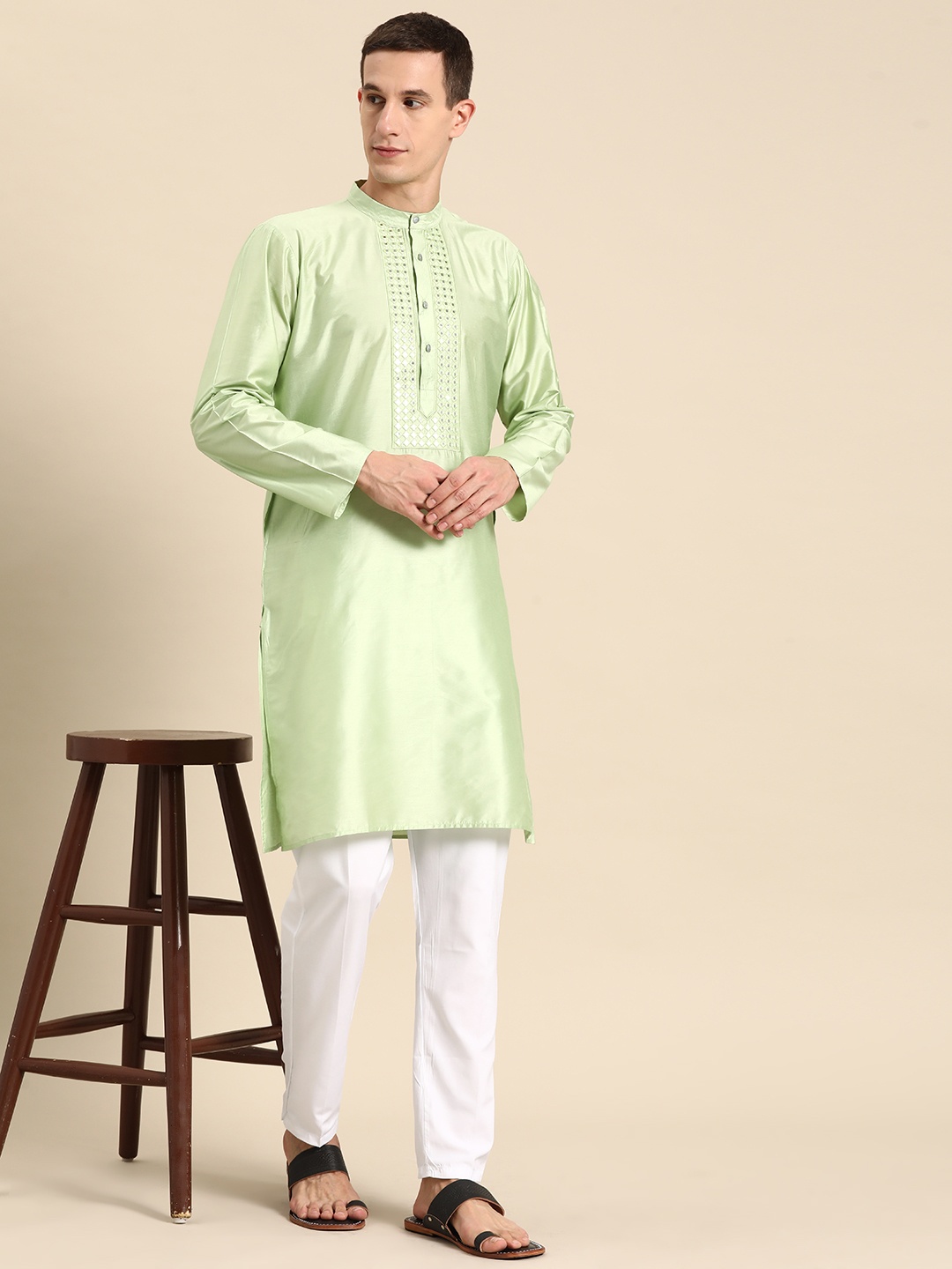

Anouk Men Embroidered Regular Mirror Work Kurta With Pyjamas, Green
