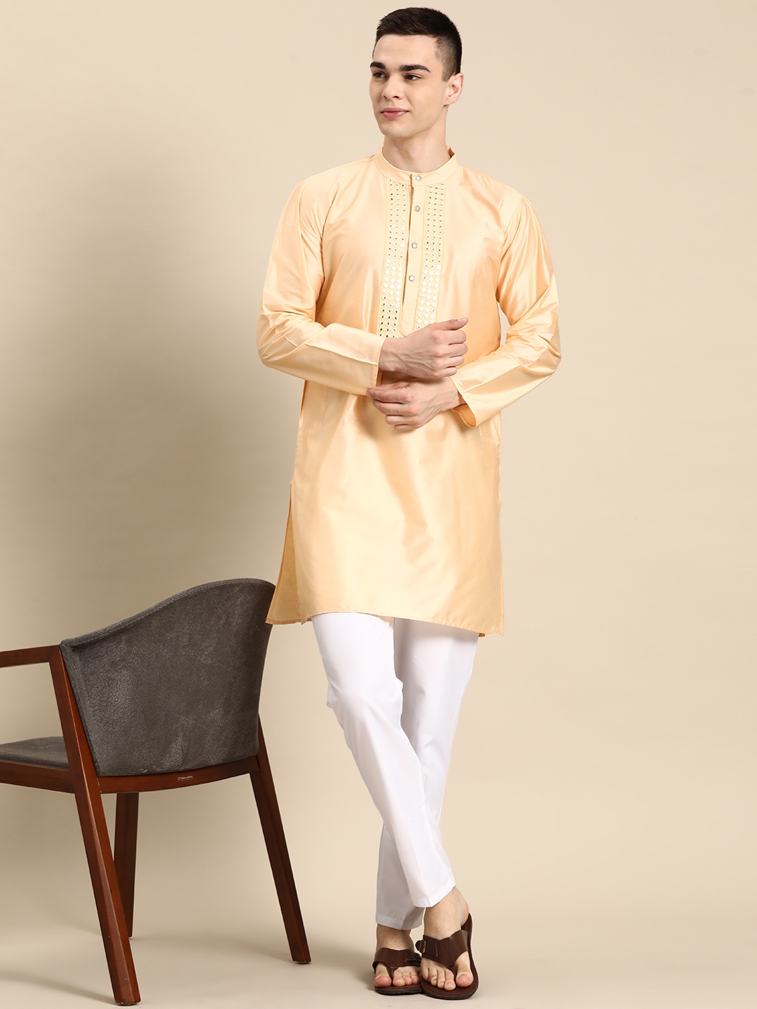 Anouk Men Embroidered Regular Mirror Work Kurta With Pyjamas, Cream