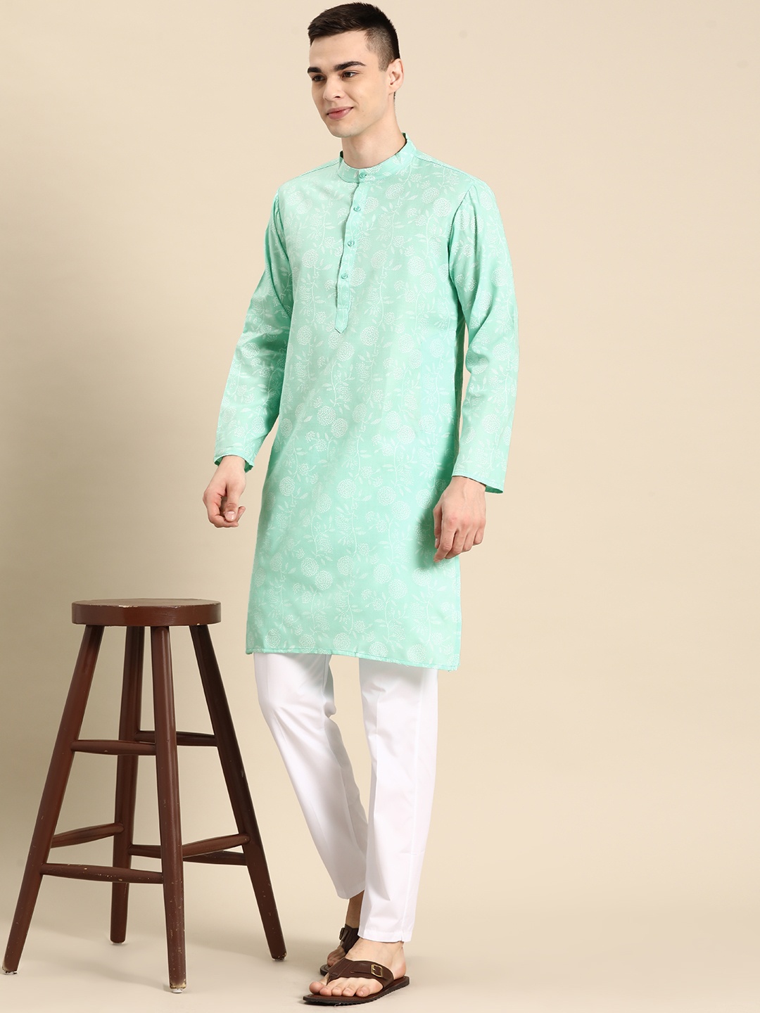 

Anouk Men Floral Printed Regular Kurta With Pyjamas, Green