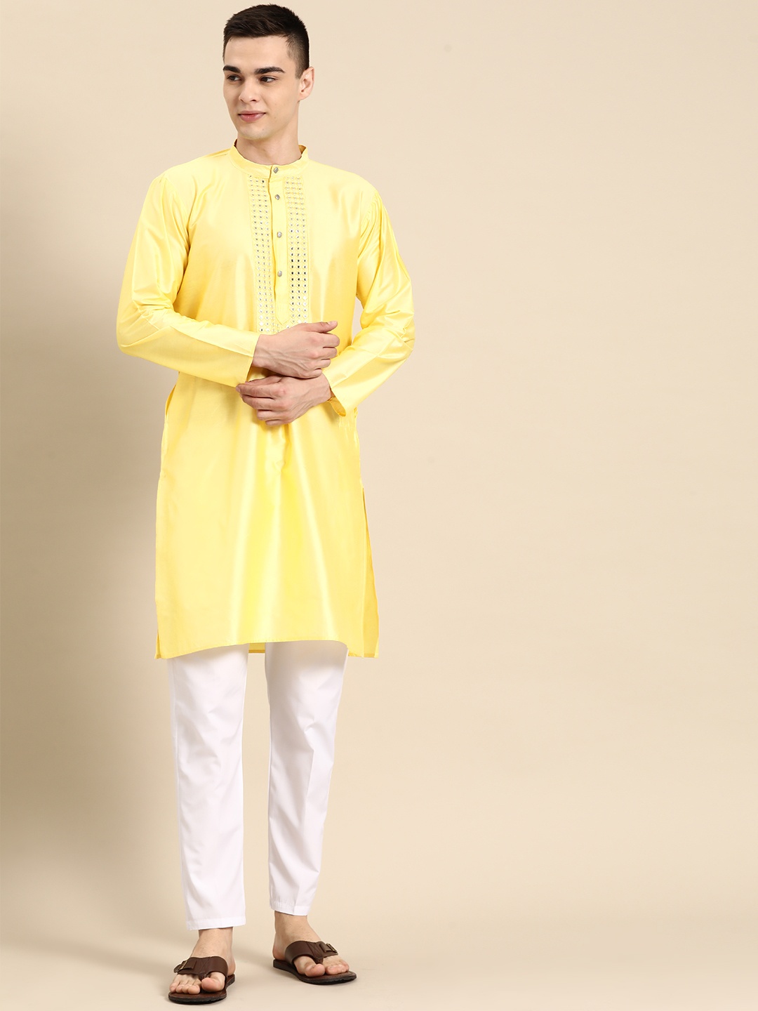 

Anouk Men Embroidered Mirror Work Kurta With Pyjamas, Yellow