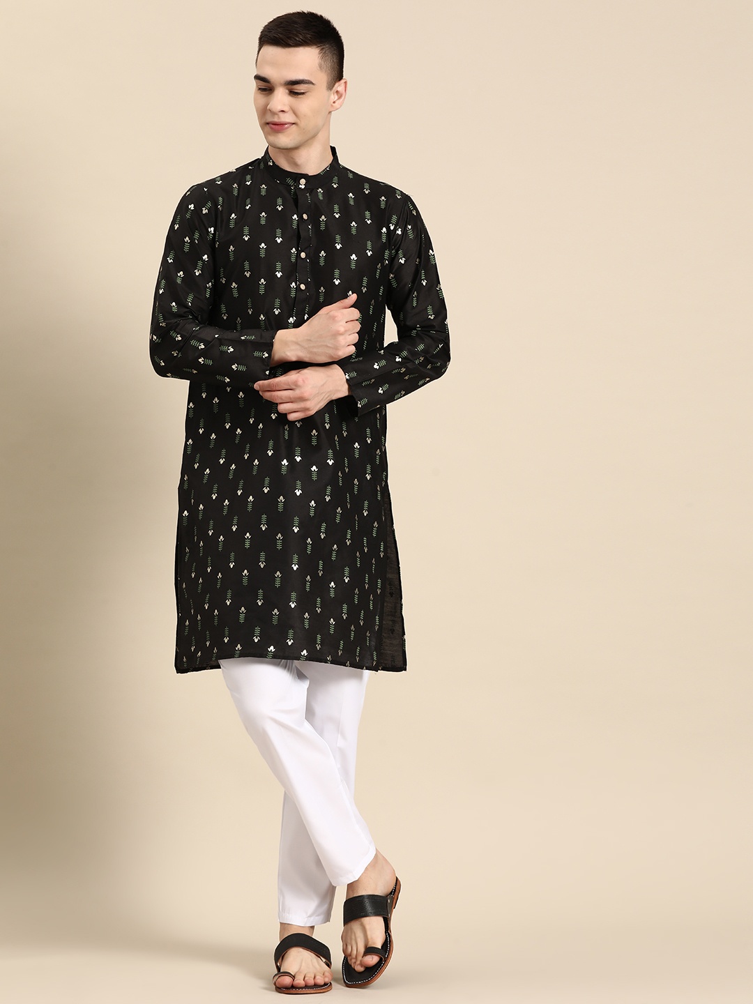 

Anouk Men Floral Printed Regular Kurta with Pyjamas, Black