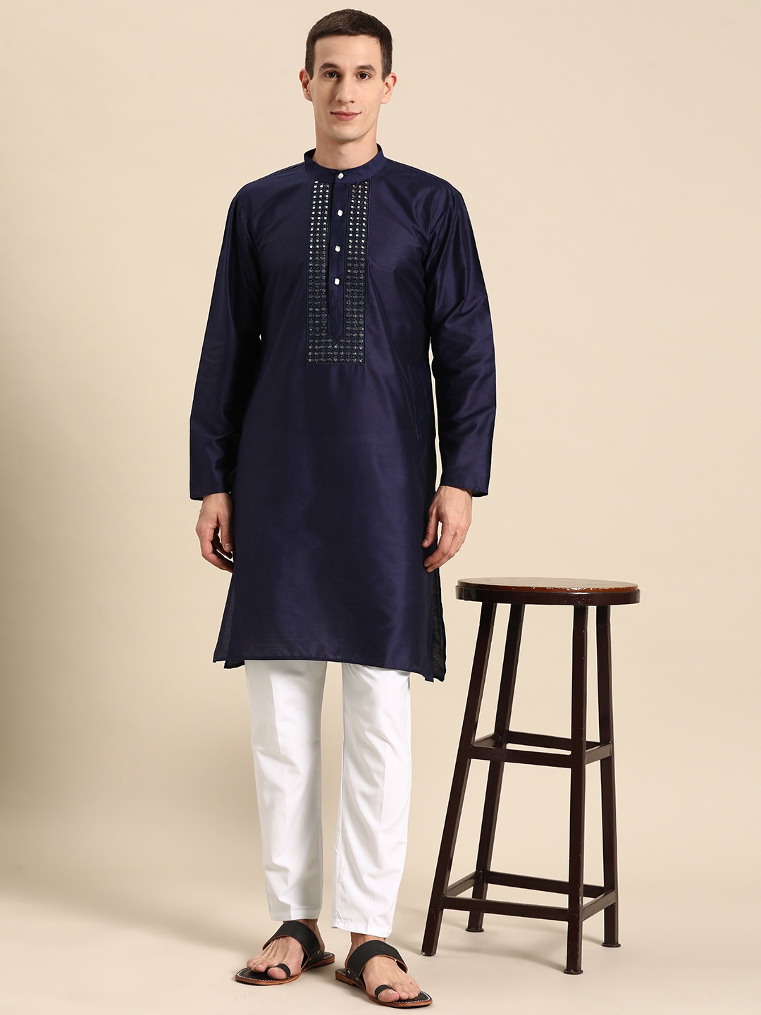 

Anouk Men Yoke Design Regular Mirror Work Kurta with Pyjamas, Navy blue