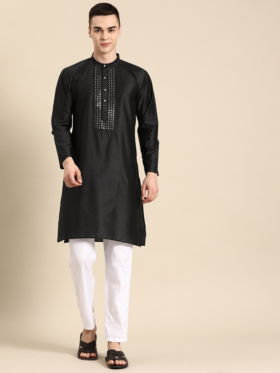 

Anouk Men Yoke Design Regular Mirror Work Kurta with Pyjamas, Black
