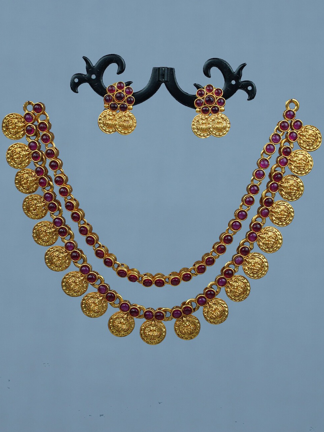 

Diksha collection Gold-Plated Stone Studded Temple Jewellery Set