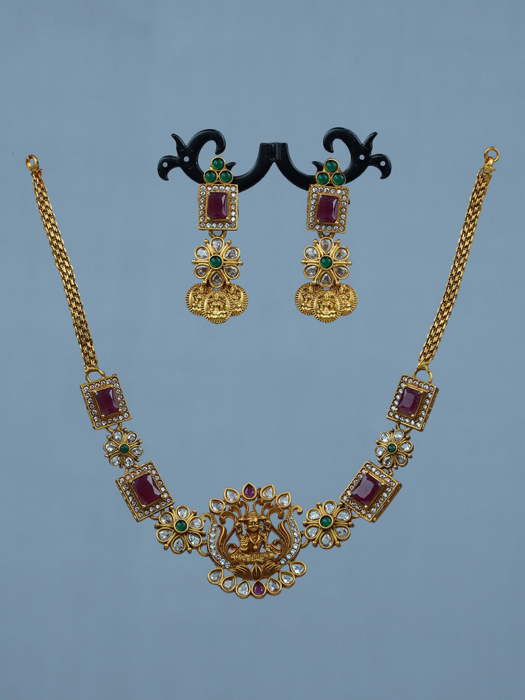 

Diksha collection Gold-Plated Stone Studded Temple Jewellery Set
