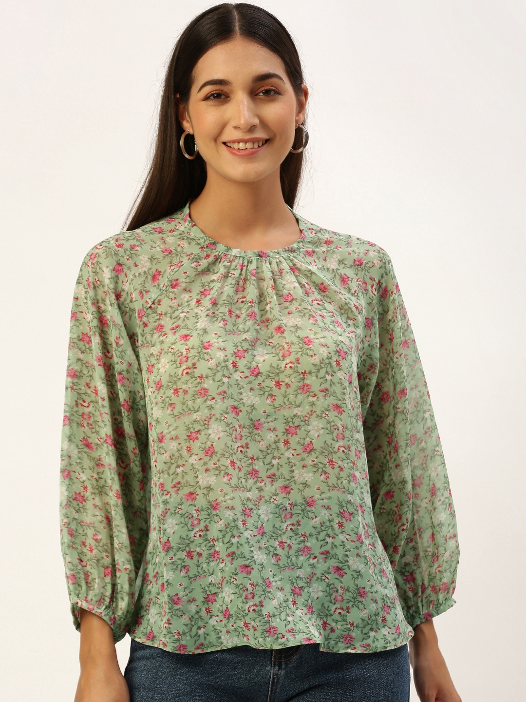ROVING MODE Floral Print Georgette Blouson Top, Green