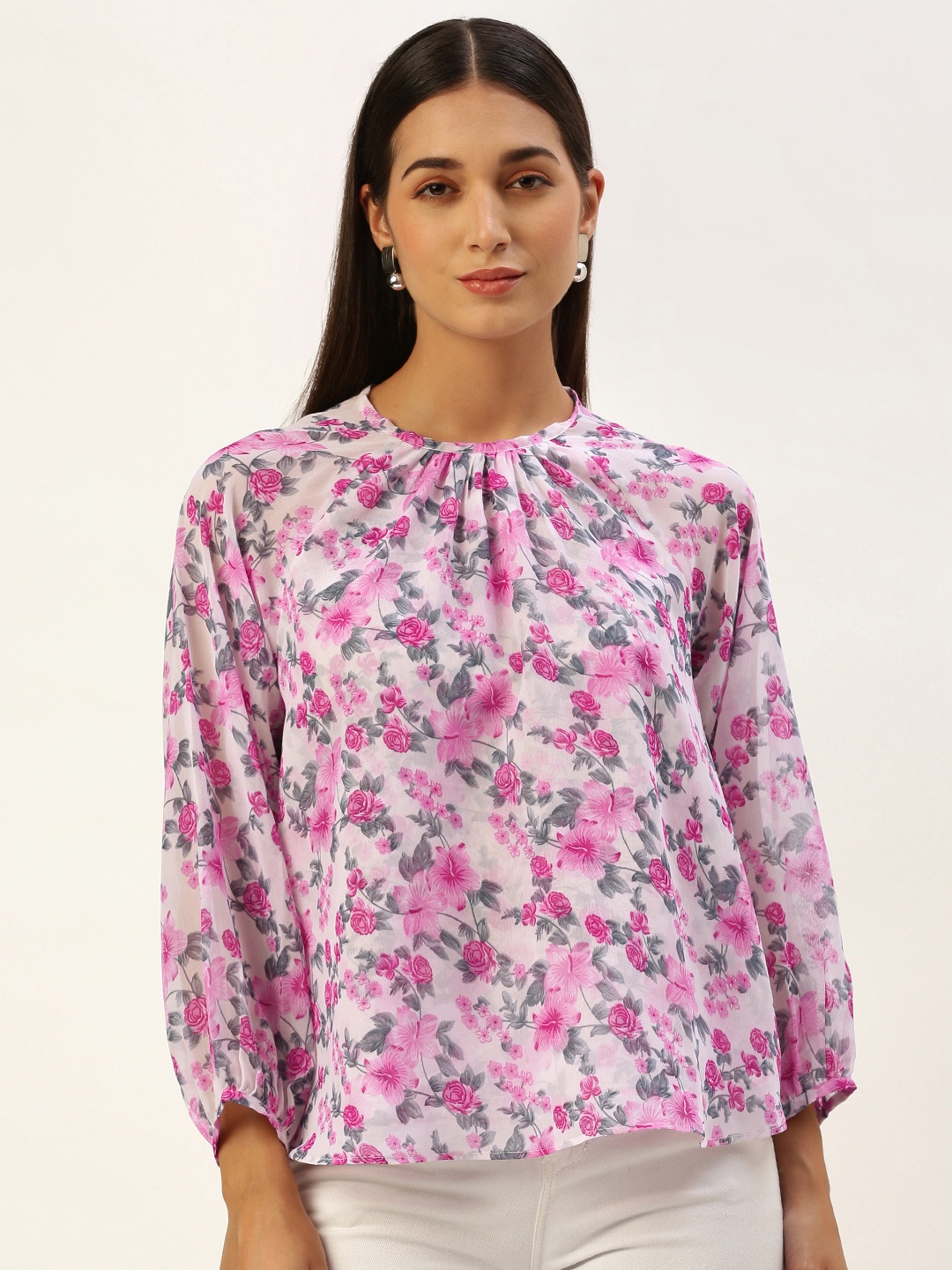 

ROVING MODE Floral Print Georgette Blouson Top, White