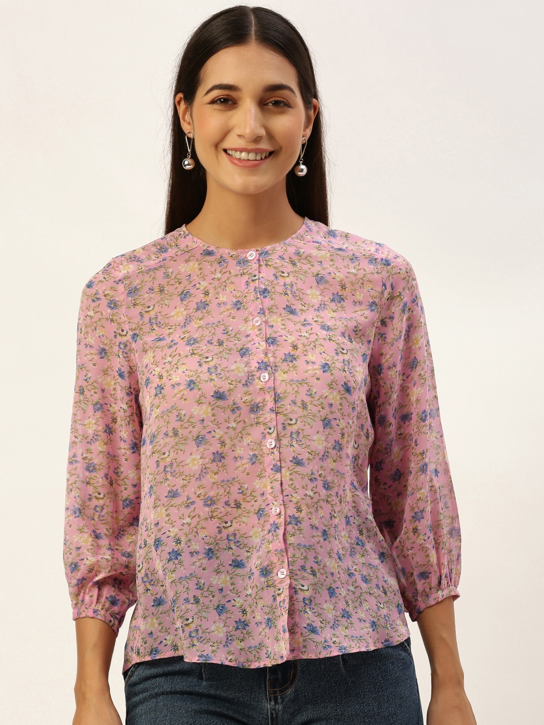

ROVING MODE Floral Print Georgette Shirt Style Top, Pink