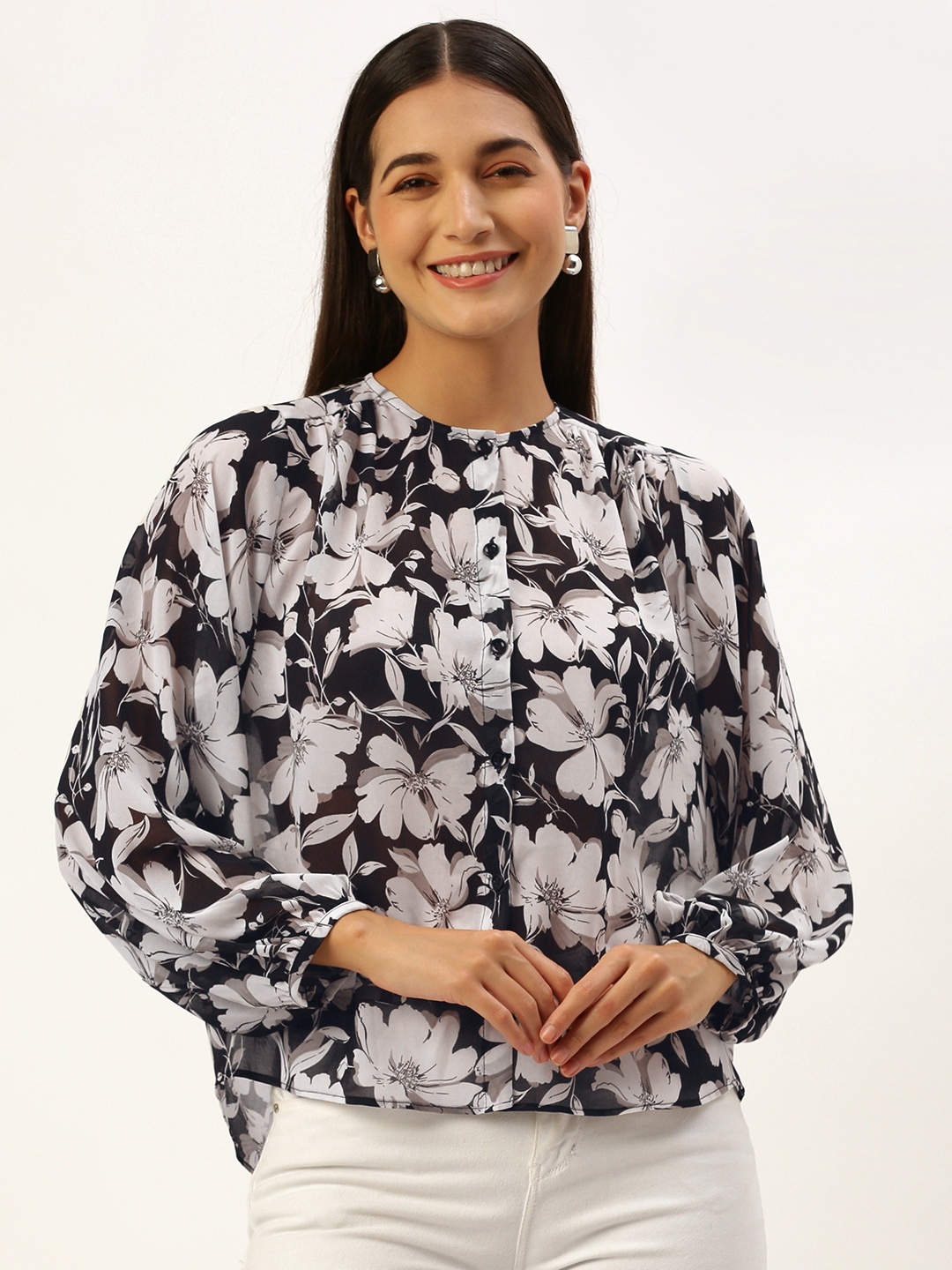 

ROVING MODE Floral Print Georgette Shirt Style Top, Black