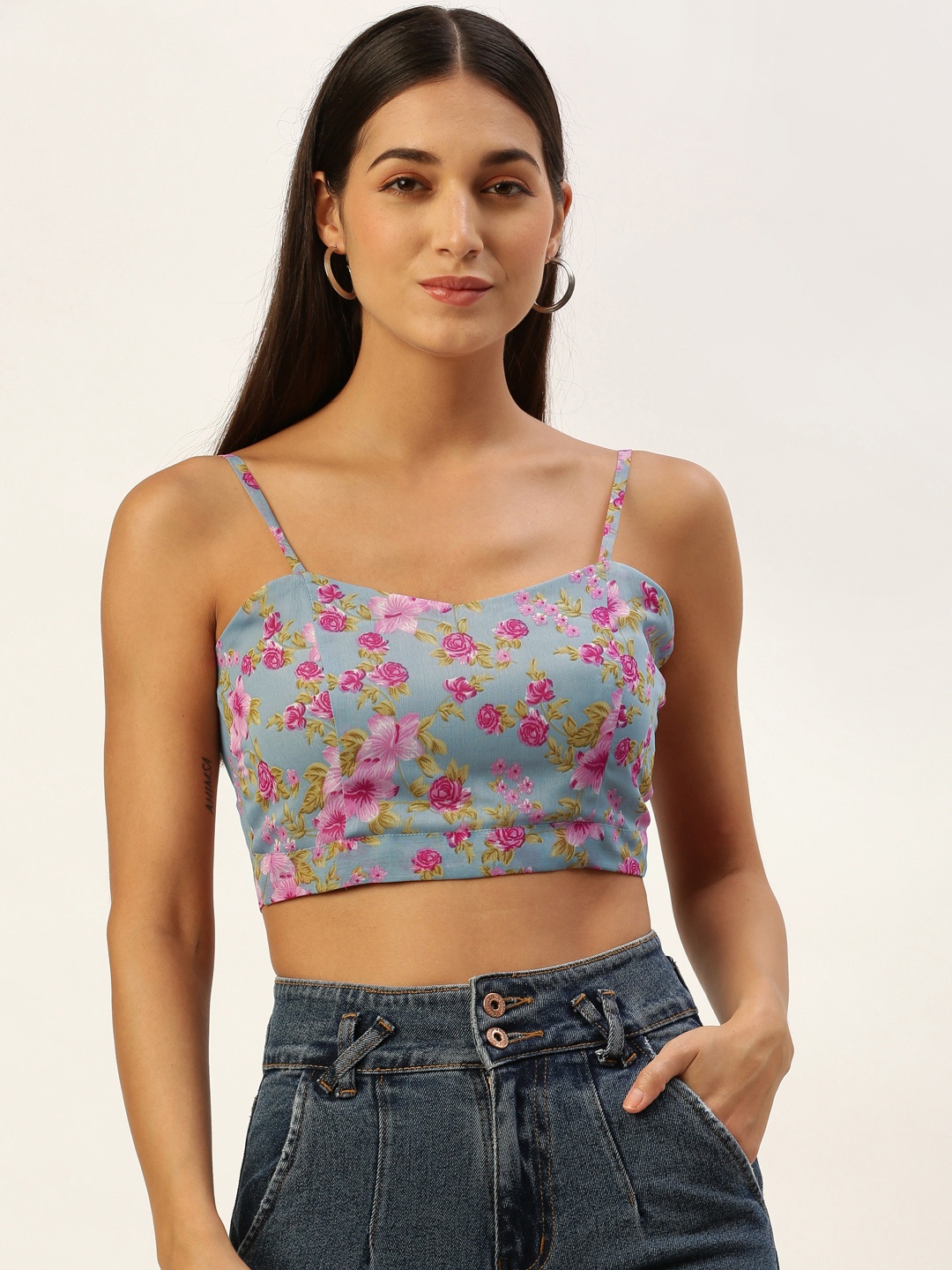 

ROVING MODE Floral Print Sweetheart Neck Georgette Crop Top, Grey