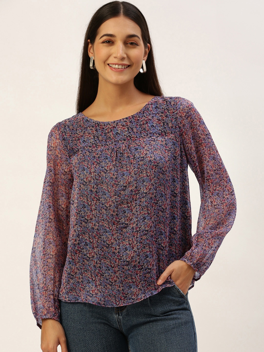 ROVING MODE Floral Print Georgette Blouson Top, Purple