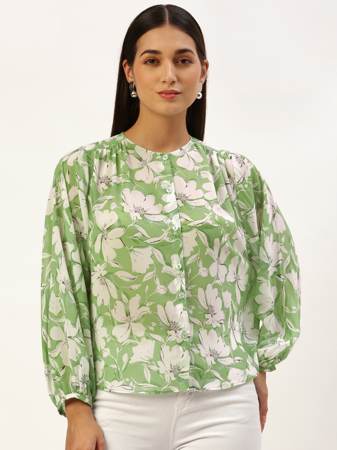 ROVING MODE Floral Print Georgette Shirt Style Top, Lime green