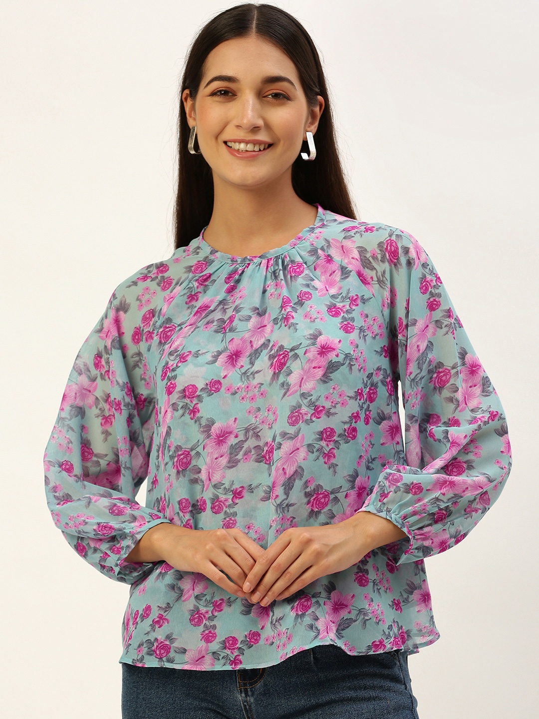 

ROVING MODE Floral Print Georgette Blouson Top, Blue