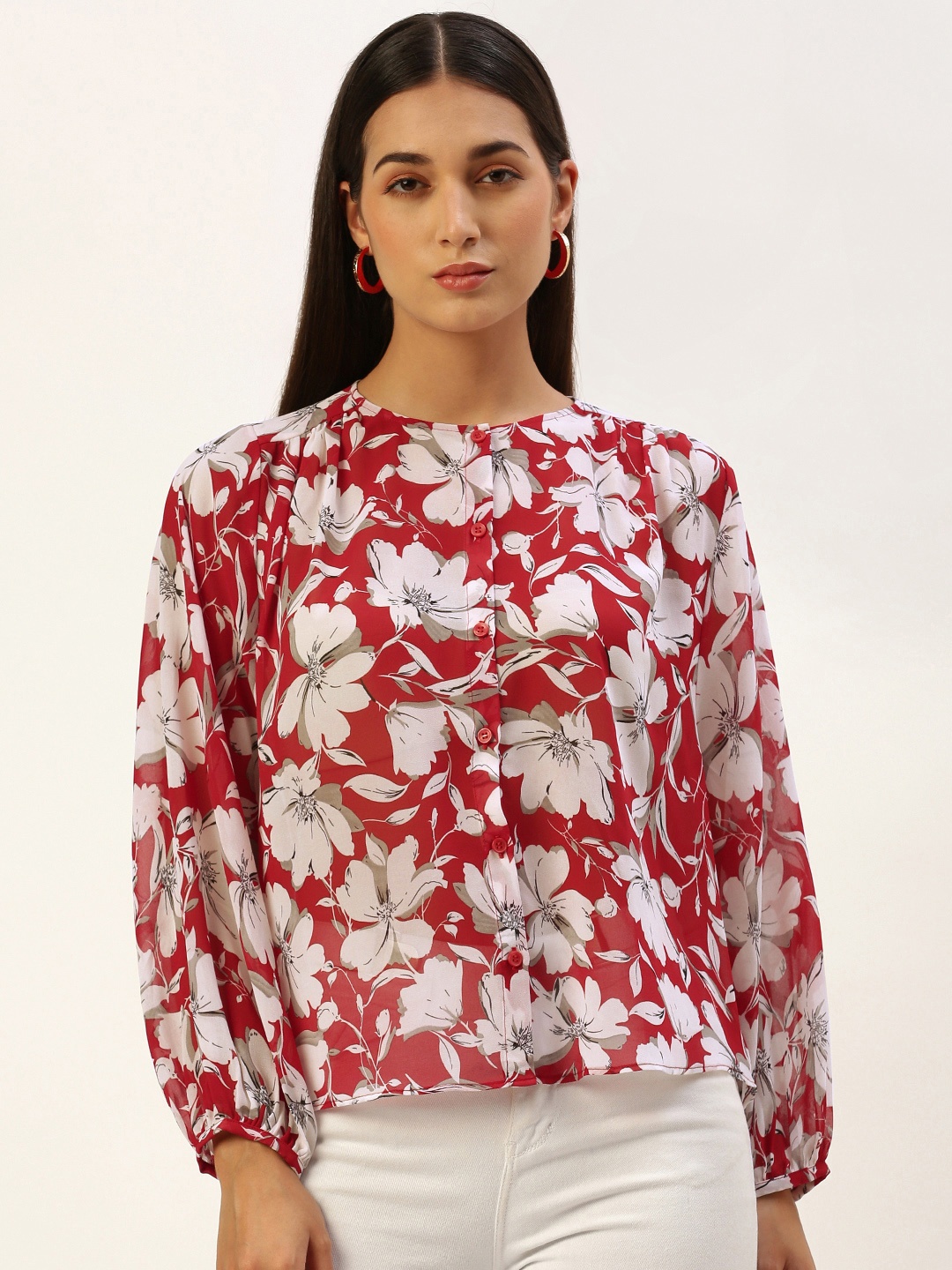 

ROVING MODE Floral Print Georgette Shirt Style Top, Red