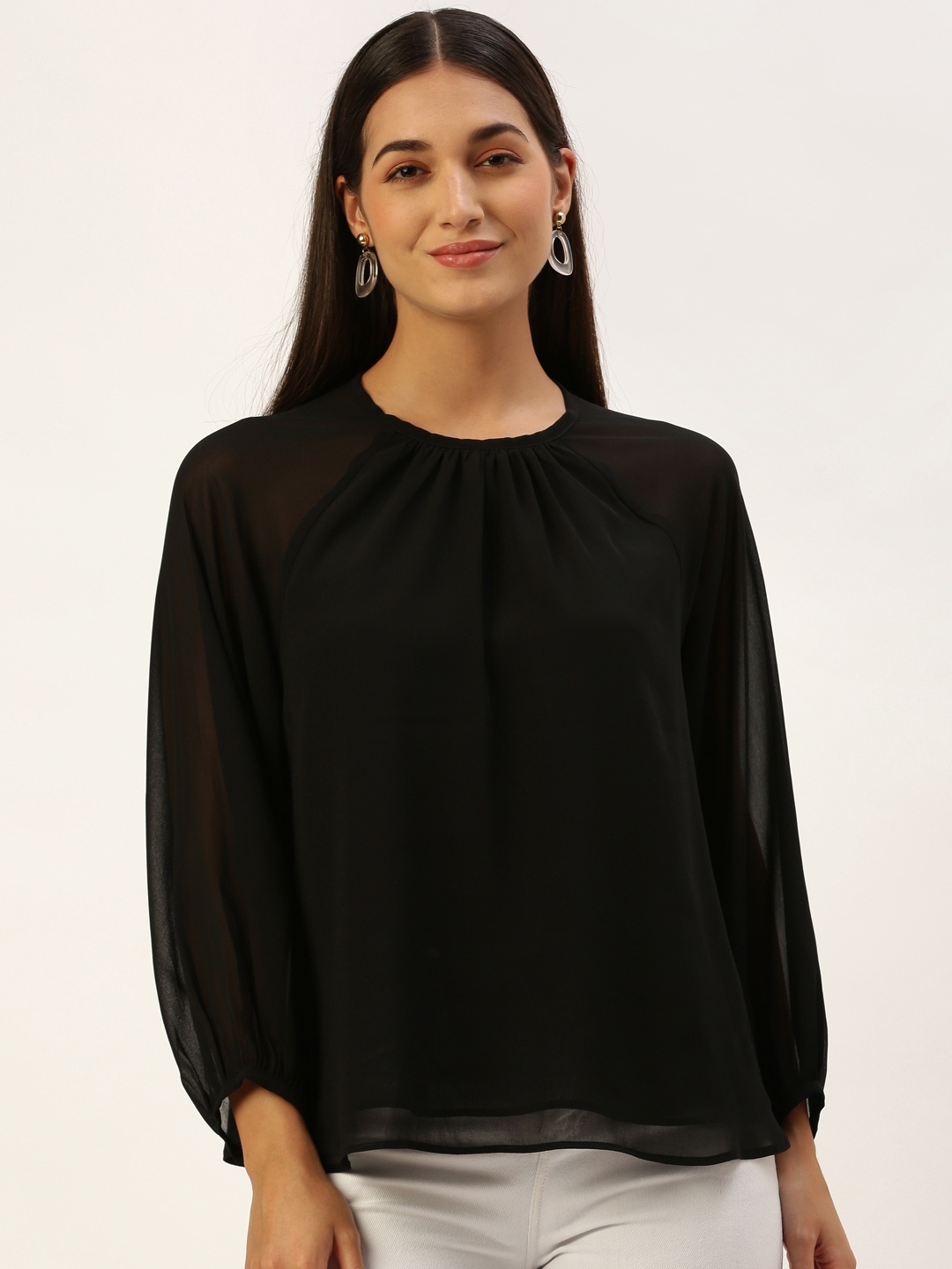 

ROVING MODE Solid Georgette Blouson Top, Black