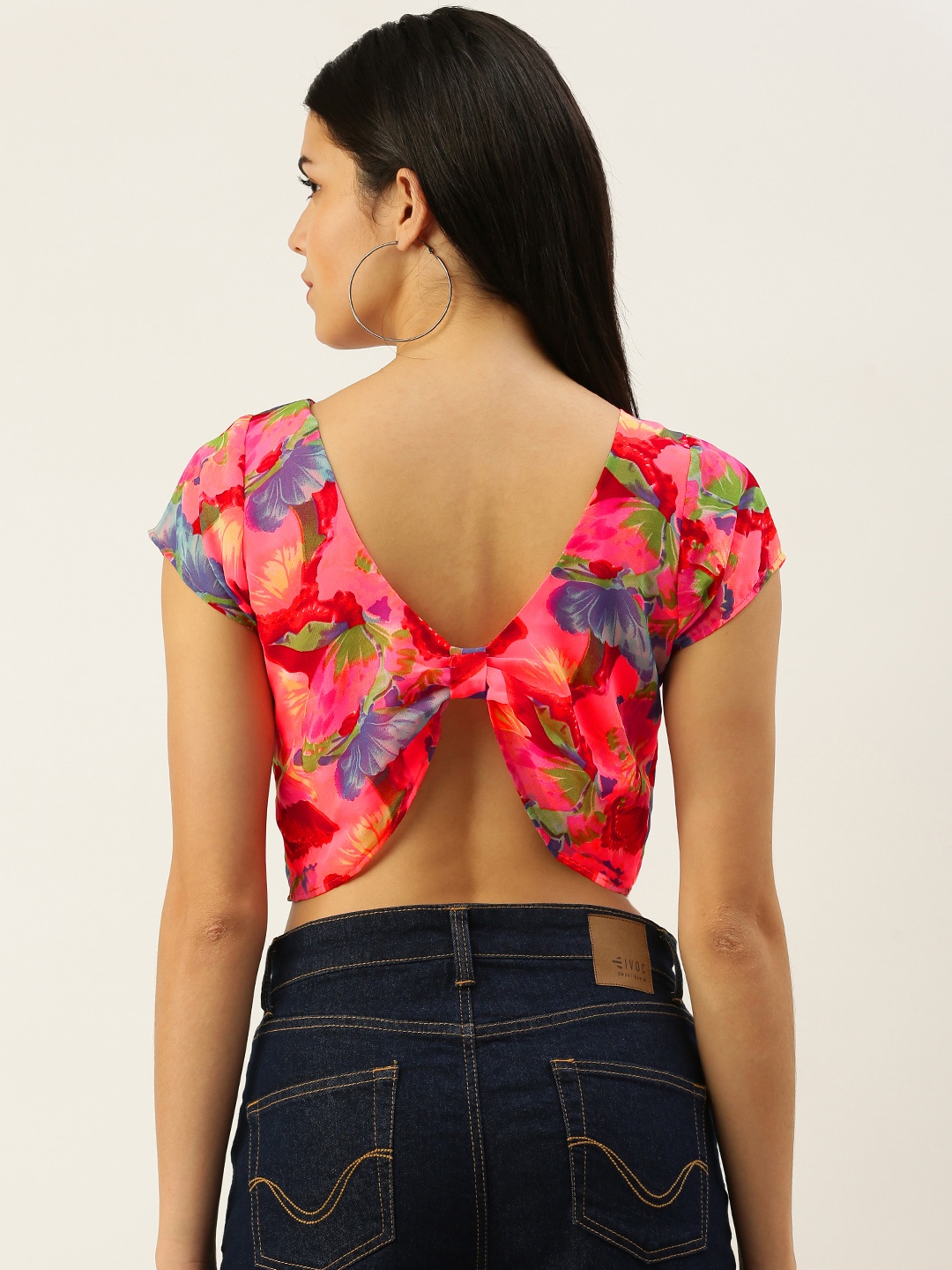 

ROVING MODE Floral Print Twisted Georgette Crop Top, Pink