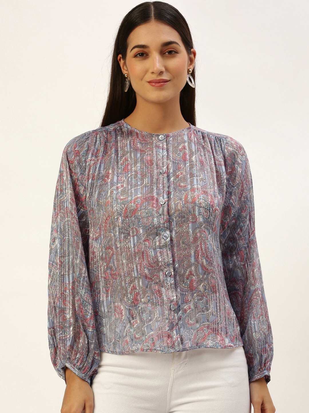 

ROVING MODE Ethnic Motifs Print Georgette Shirt Style Top, Grey