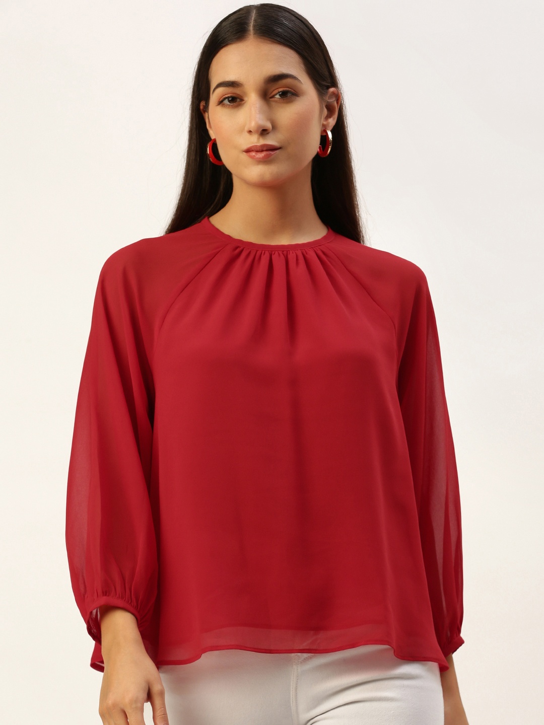 

ROVING MODE Solid Georgette Blouson Top, Red