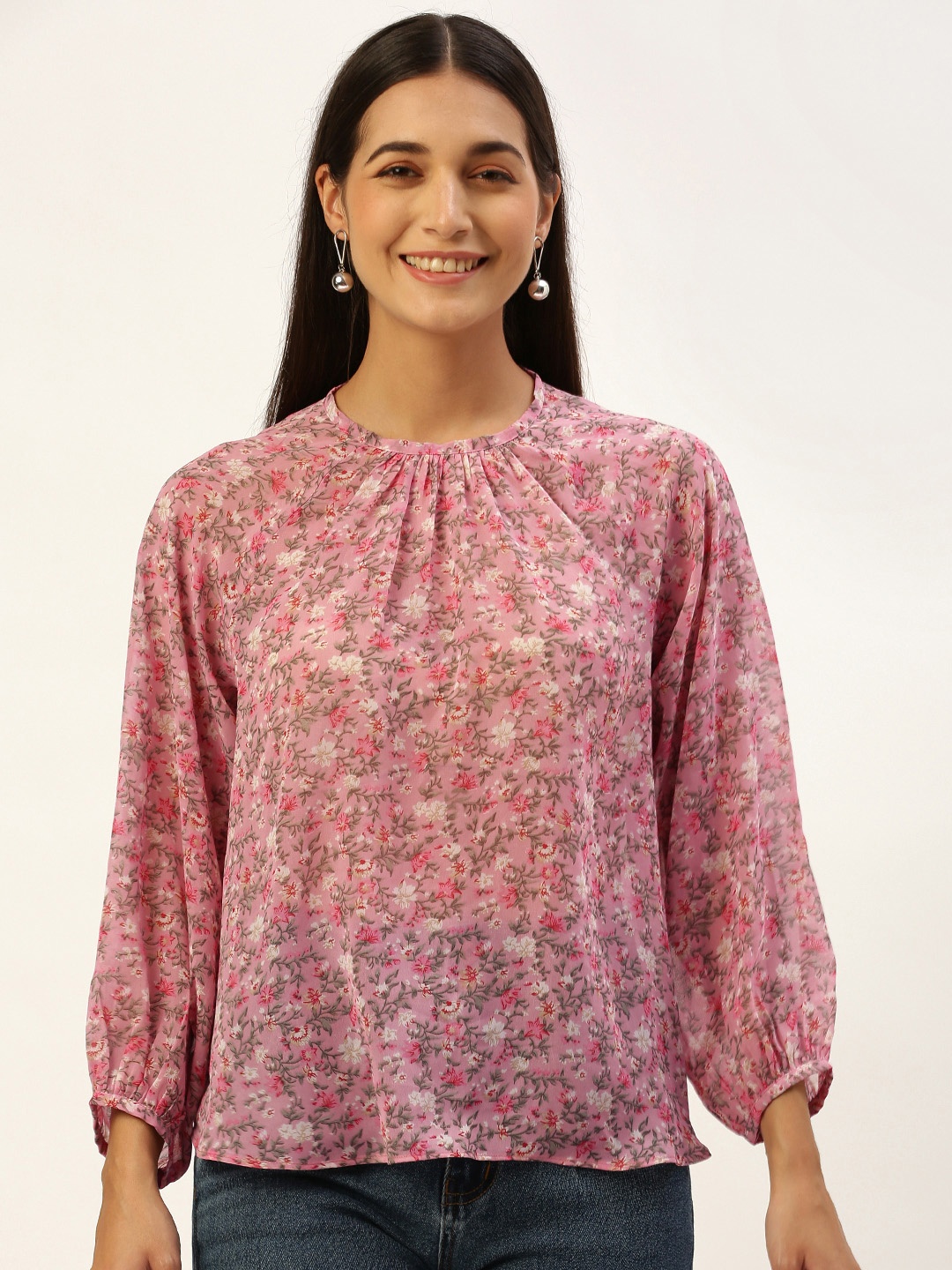 

ROVING MODE Floral Print Georgette Blouson Top, Pink