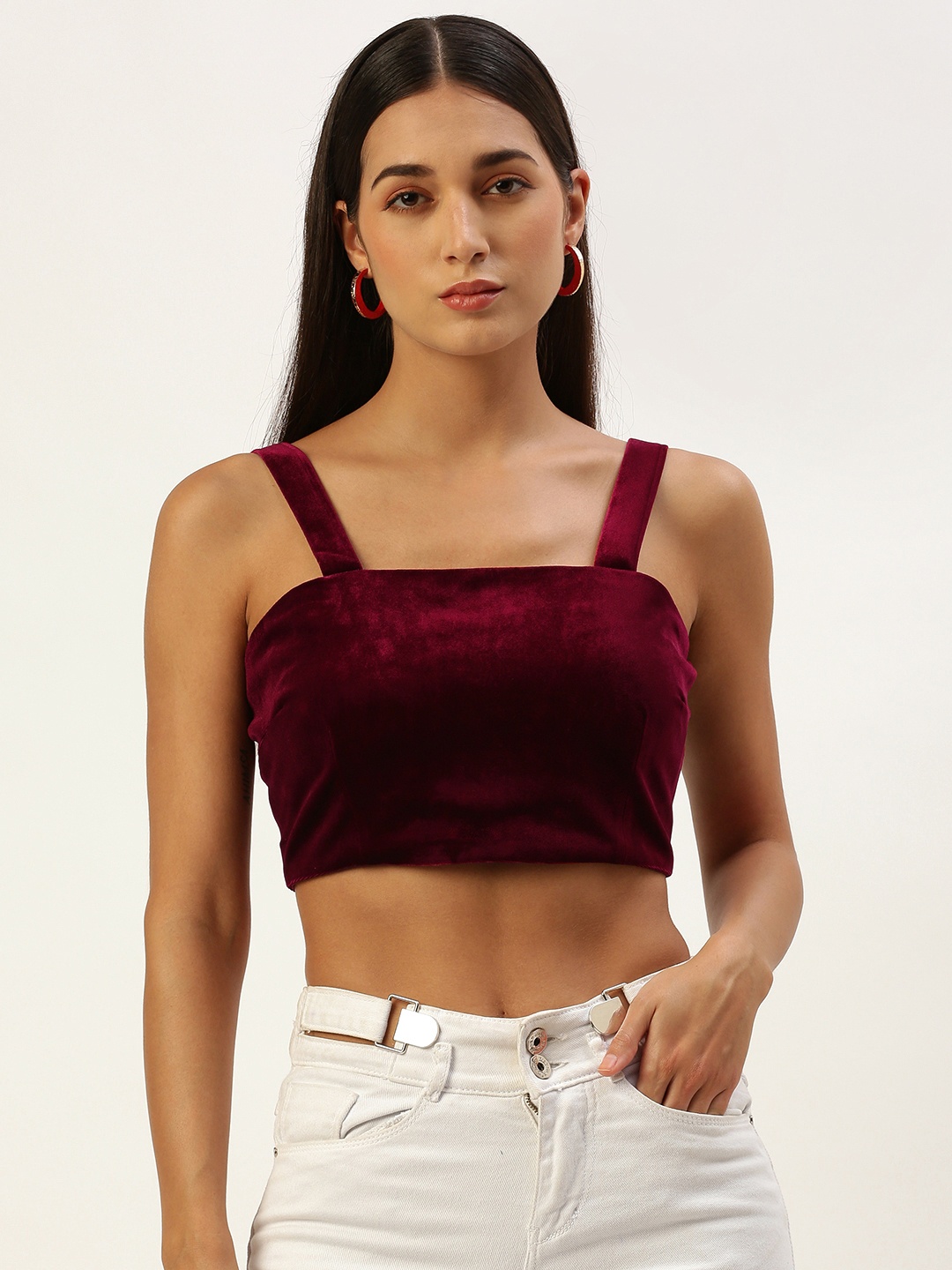 

ROVING MODE Solid Velvet Crop Top, Maroon