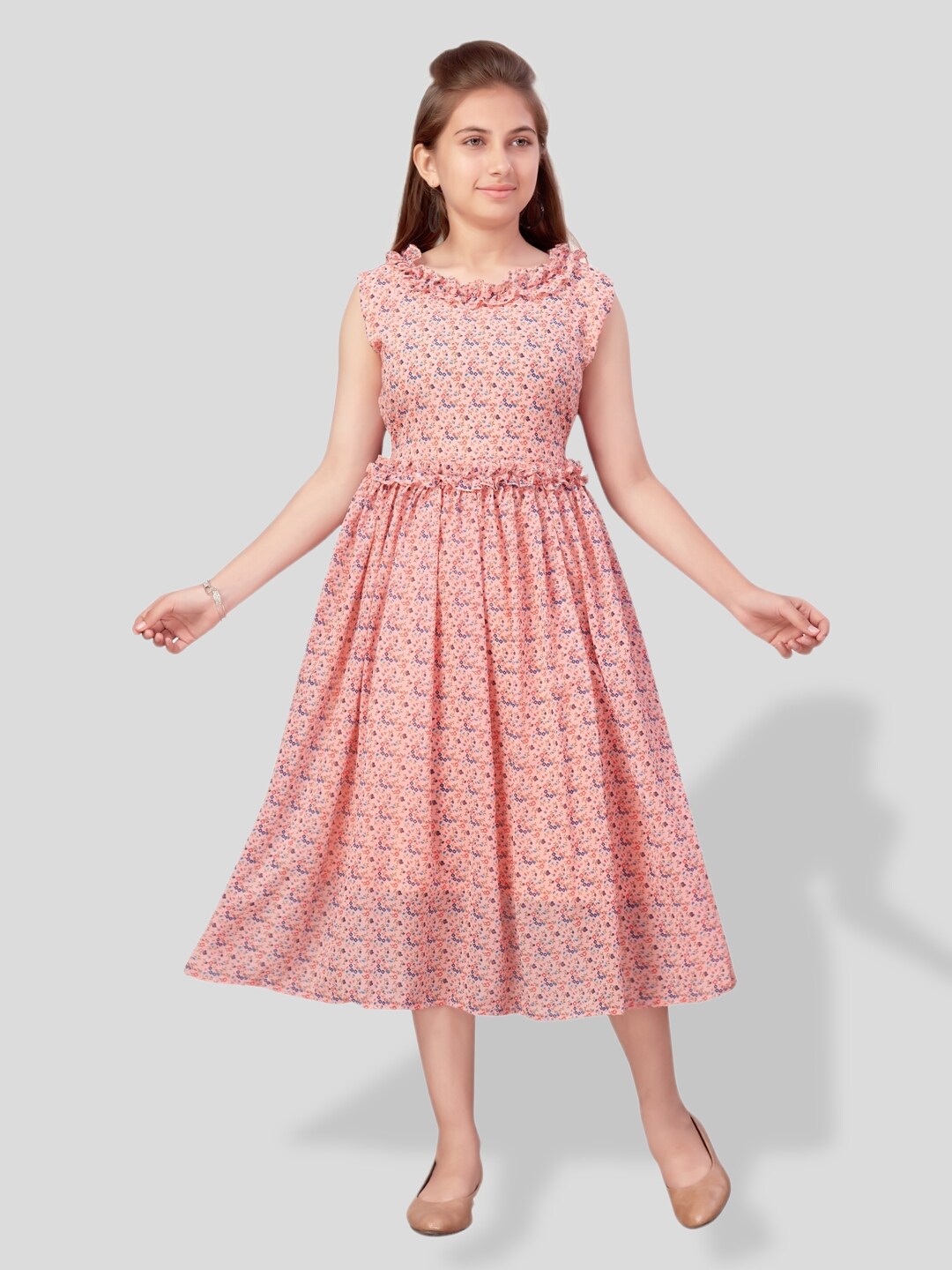 

BAESD Girls Floral Printed Georgette Fit & Flared Dress, Peach
