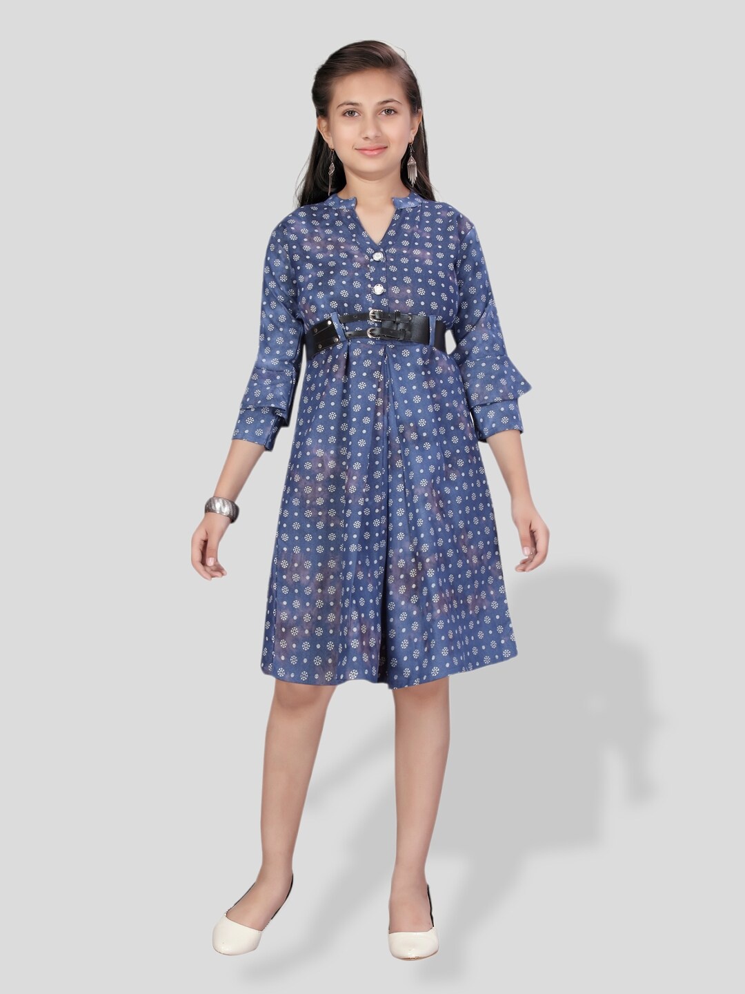 

BAESD Girls Floral Print Mandarin Collar Fit & Flare Cotton Dress, Blue