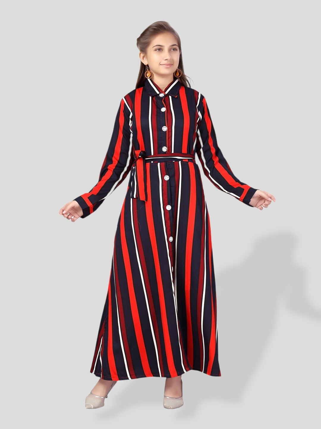 

BAESD Girls Striped Shirt Maxi Dress With Belt, Red