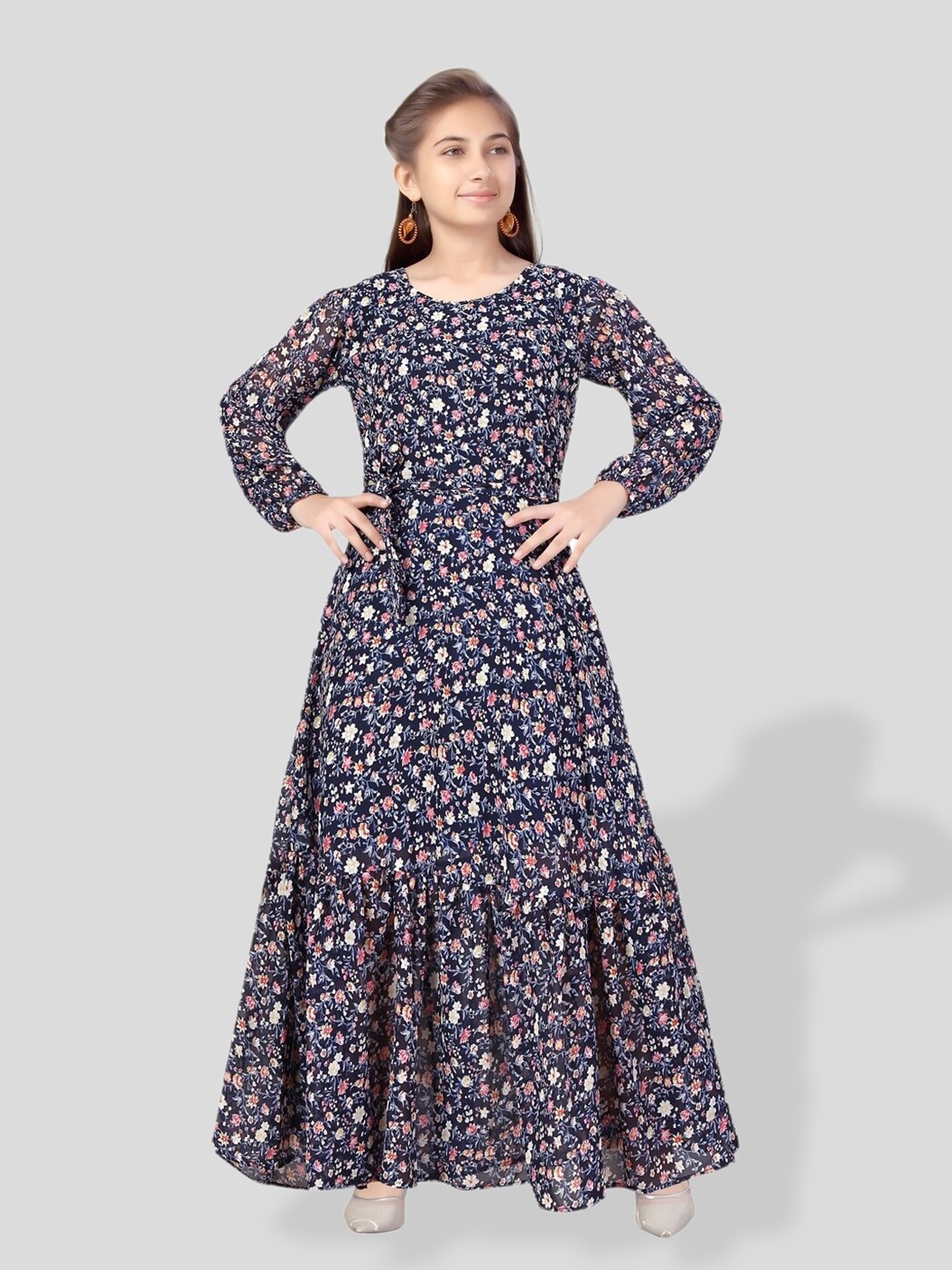 

BAESD Girls Floral Print Georgette Maxi Dress, Navy blue