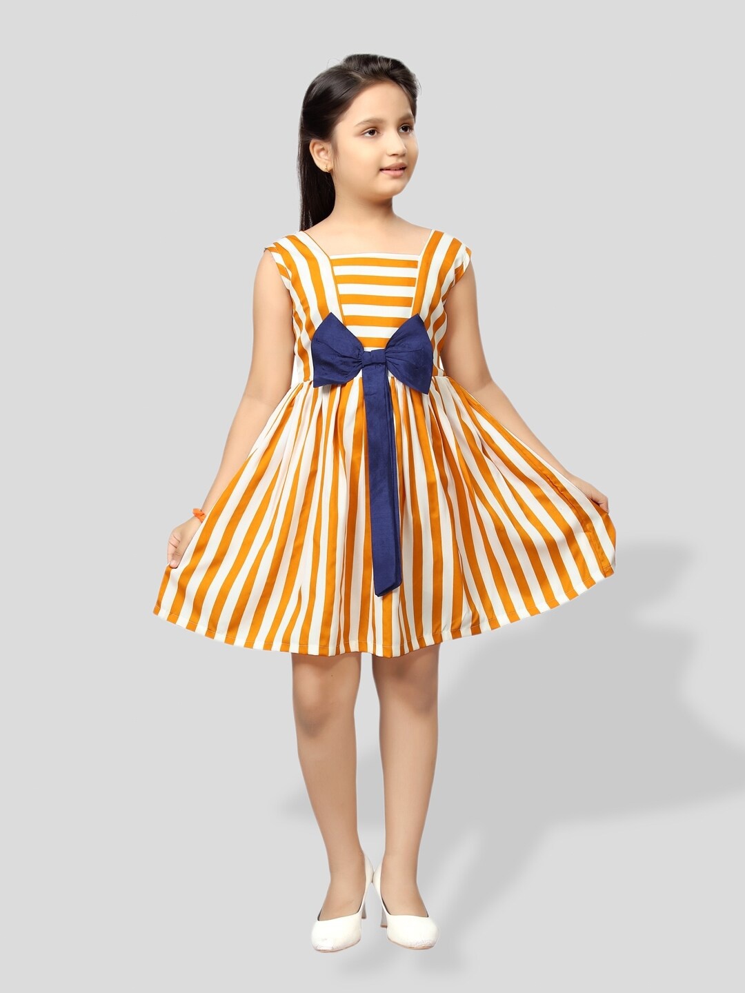 

BAESD Girls Striped Bow Square neck Fit & Flare Dress, Yellow