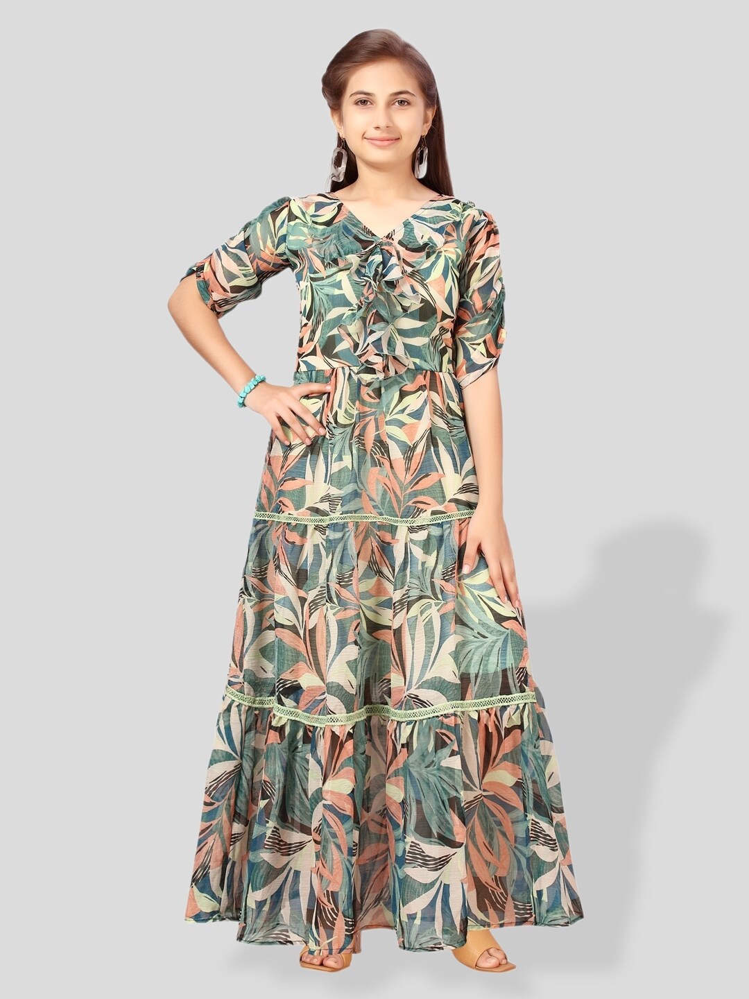 

BAESD Girls Tropical Printed Cotton Fit & Flare Dress, Green