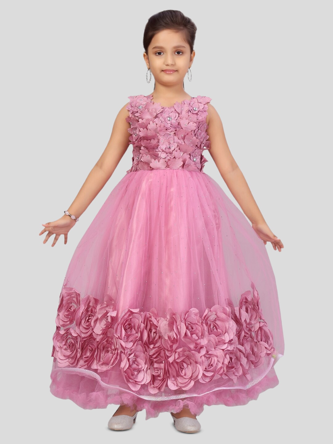 

BAESD Girls Self Design Corsage Net Tulle Gown, Pink