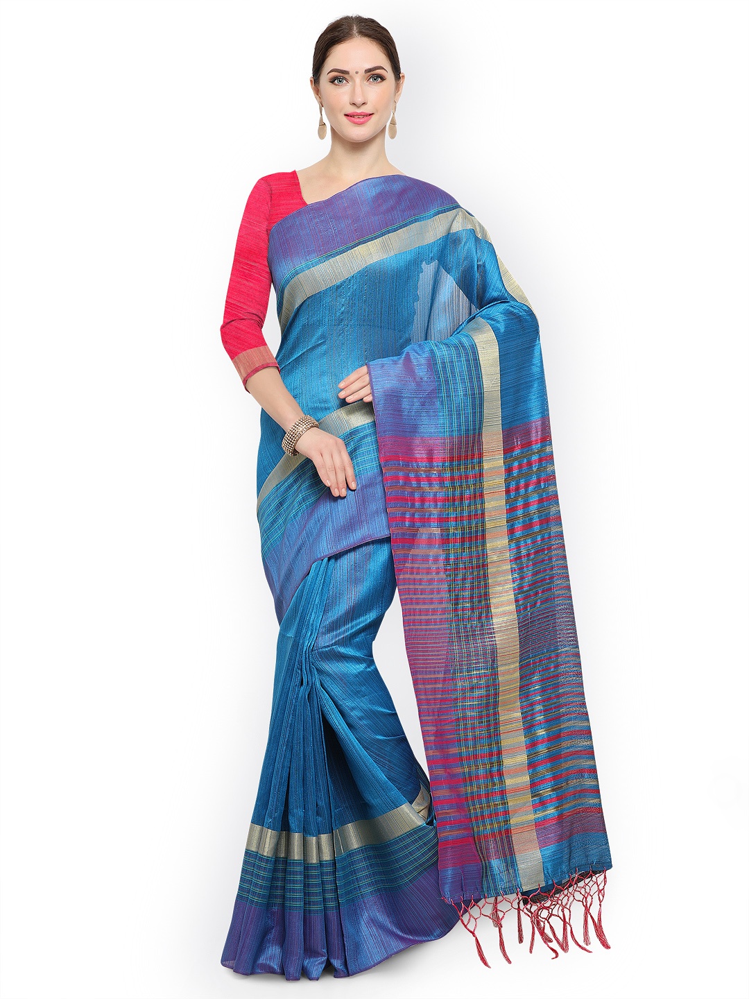 

Saree mall Blue Striped Silk Blend Saree