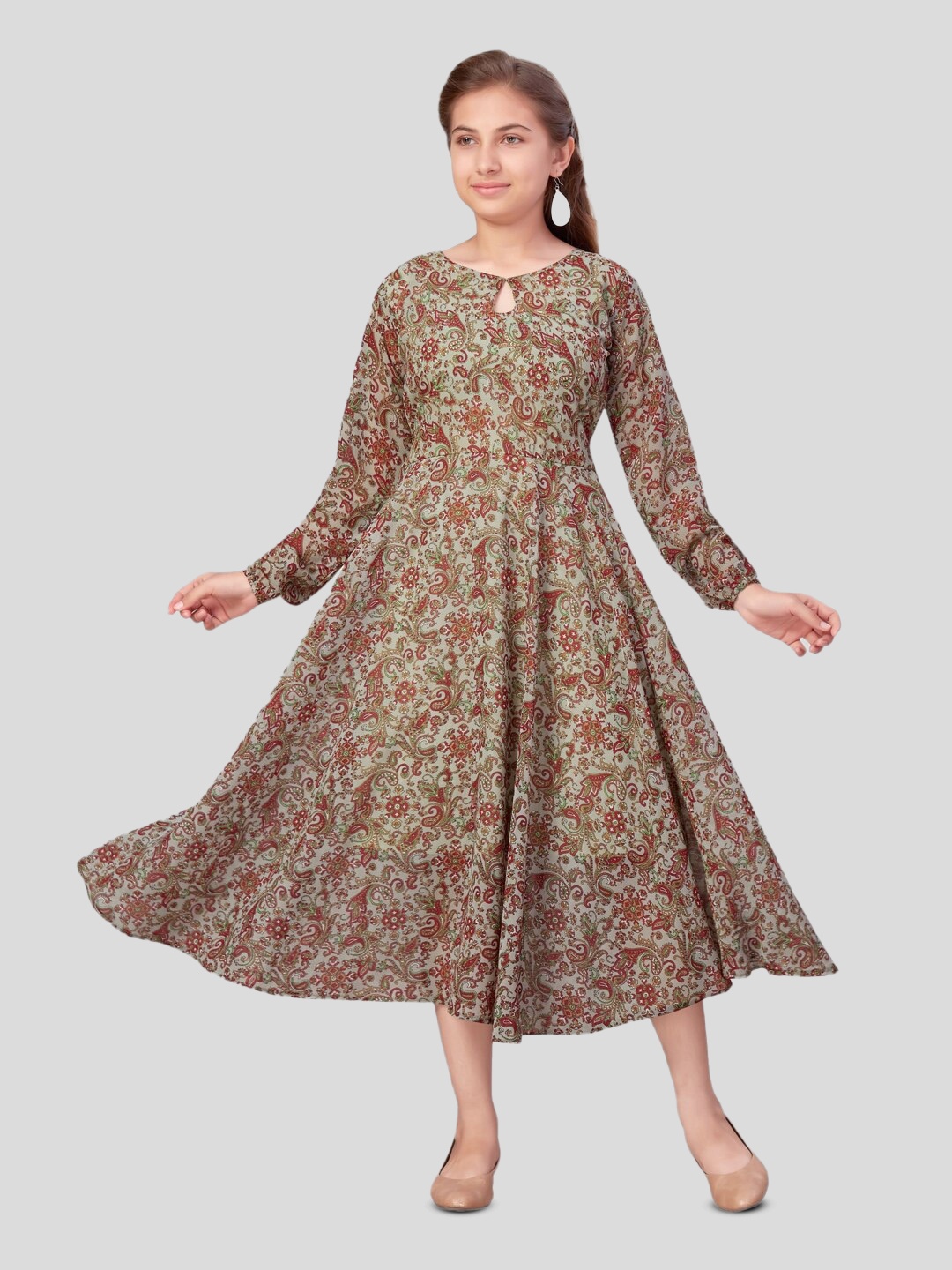 

BAESD Girls Ethnic Motifs Printed Georgette Midi Fit & Flare Dress, Beige