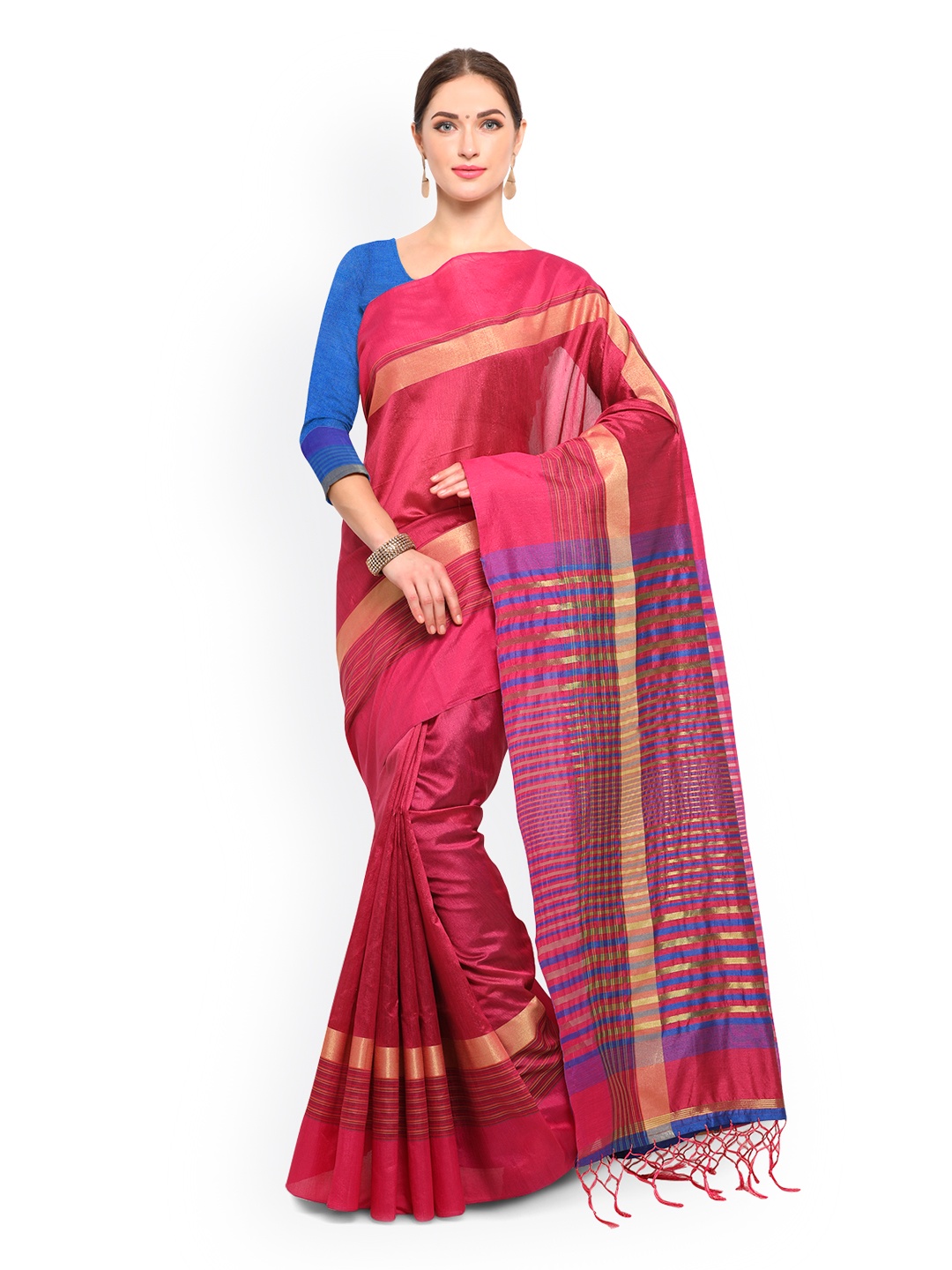 

Saree mall Pink Striped Silk Blend Saree