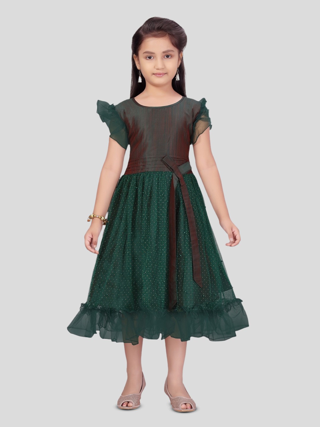 

BAESD Flutter Sleeve Net Fit & Flare Midi Dress, Green
