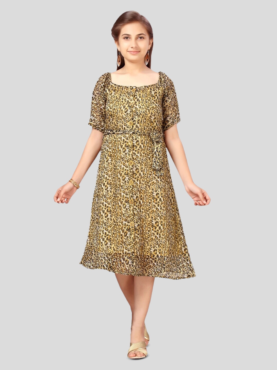 

BAESD Girls Cotton Yellow Animal Print A-Line Midi Dress