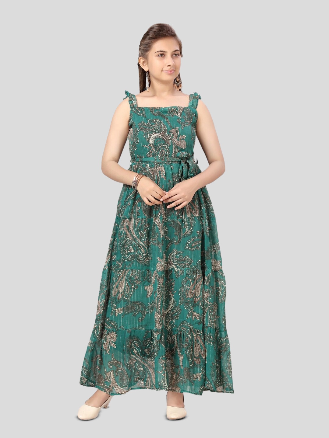 

BAESD Girls Ethnic Motifs Printed Georgette Fit & Flare Dress With Belt, Green