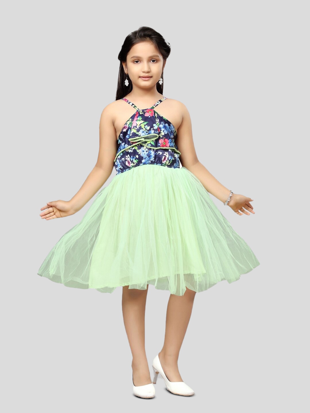 

BAESD Girls Floral Printed Shoulder Straps Net Fit & Flare Dress, Green