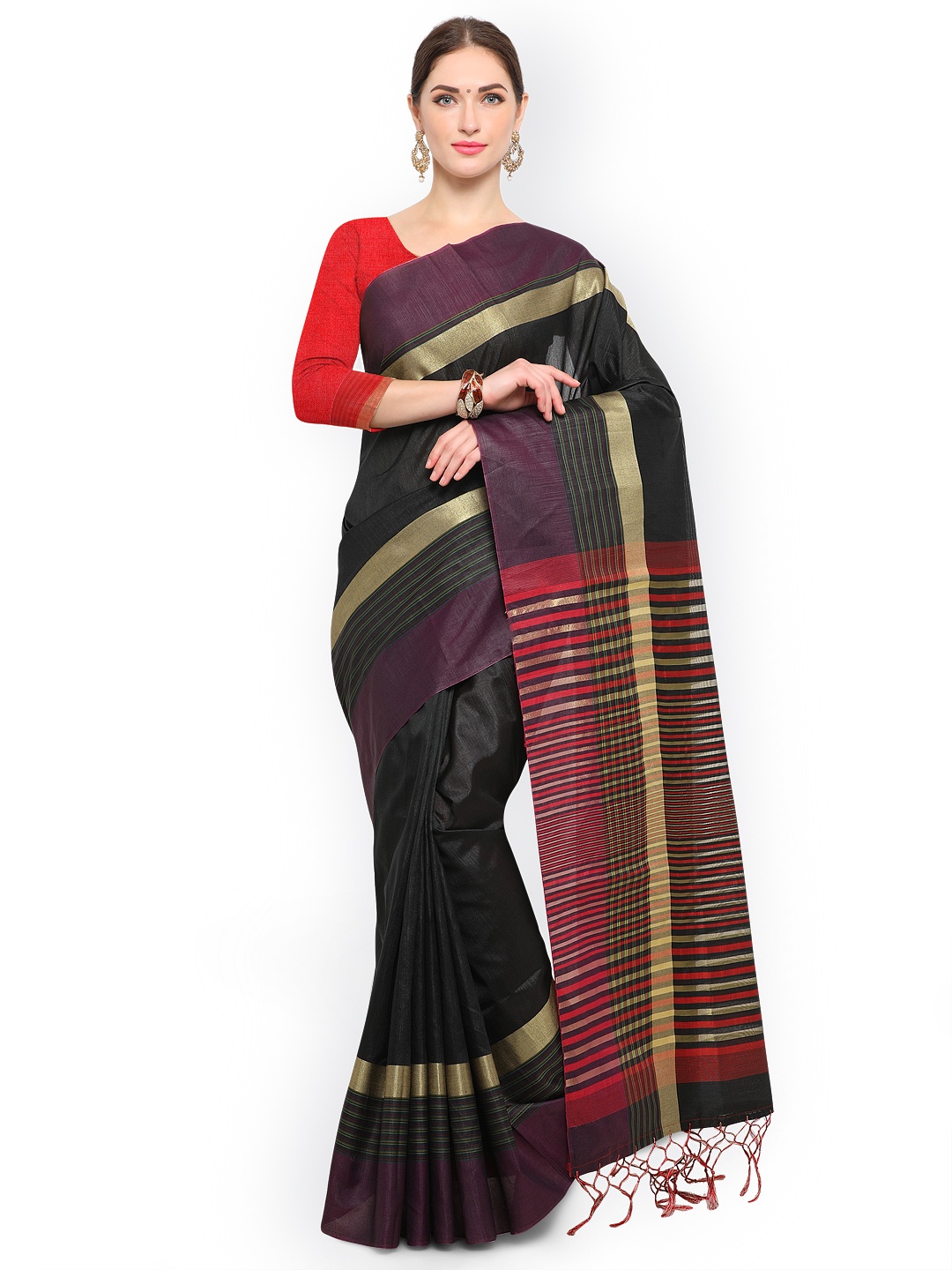 

Saree mall Black Striped Silk Blend Saree