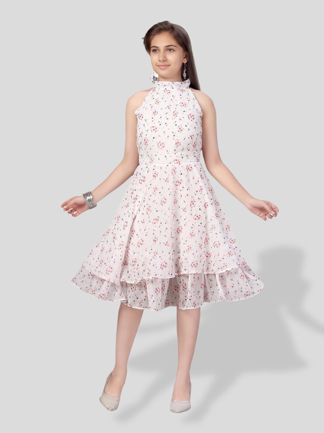 

BAESD Girls Floral Printed High Neck Sleeveless A-Line Dress, White