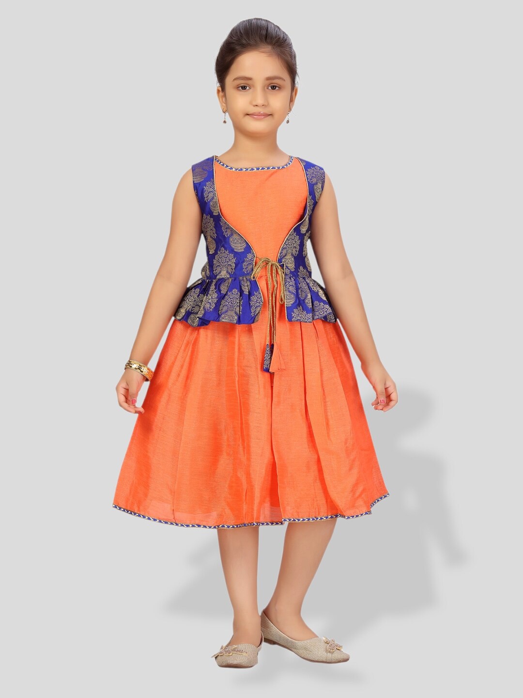

BAESD Girls Printed Silk Fit & Flare Midi Dress With Jacket, Orange