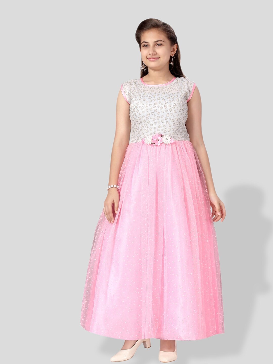 

BAESD Girls Corsage Embellished Net Fit & Flare Maxi Dress, Pink