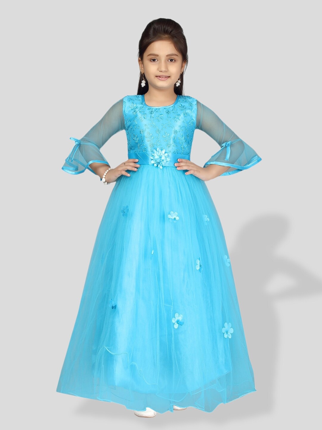 

BAESD Girls Floral Embroidered Bell Sleeve Net Maxi Gown, Turquoise blue