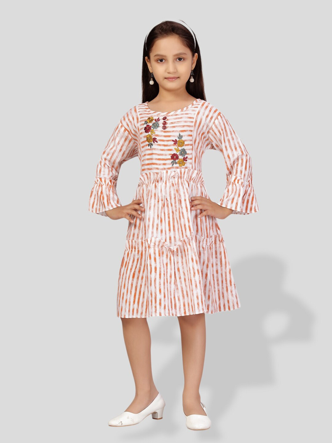 

BAESD Girls Striped Bell Sleeves Cotton A-Line Dress, Orange