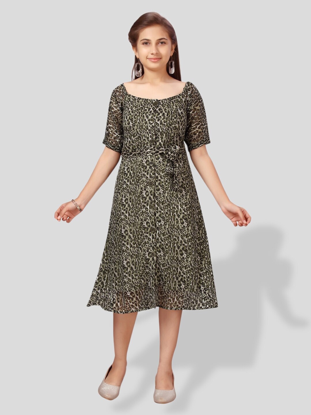 

BAESD Girls Green Animal Printed Cotton Sheath Dress