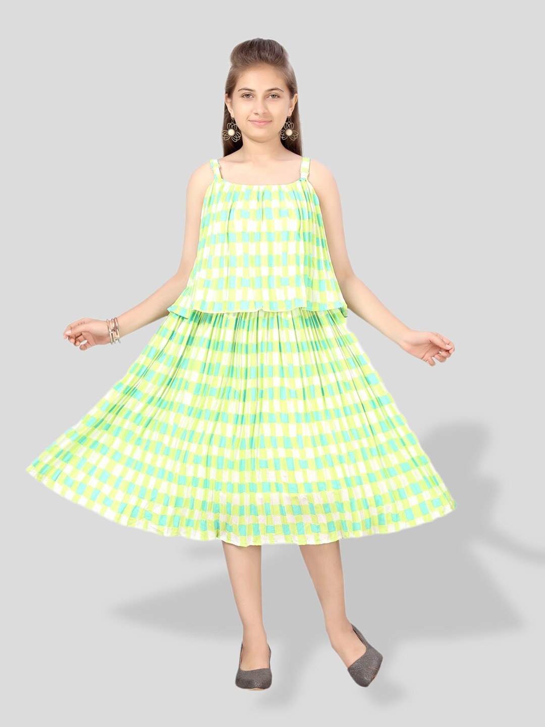 

BAESD Girls Checked Georgette A-Line Midi Dress, Green