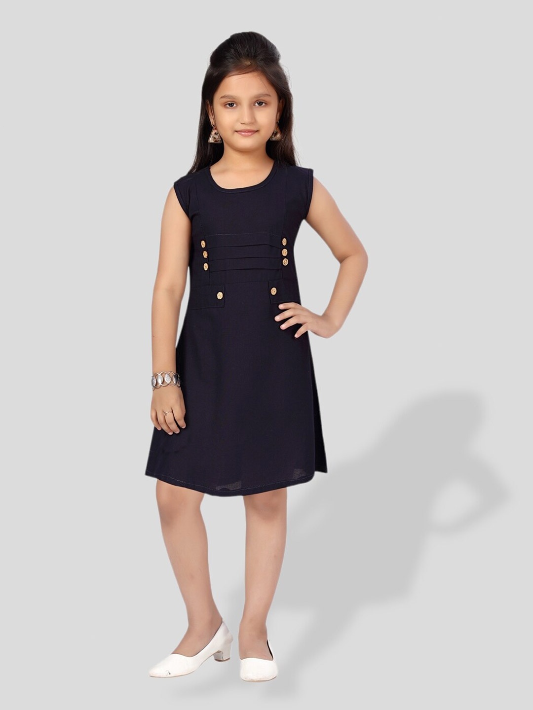 

BAESD Girls Round Neck Cotton A-Line Dress, Navy blue