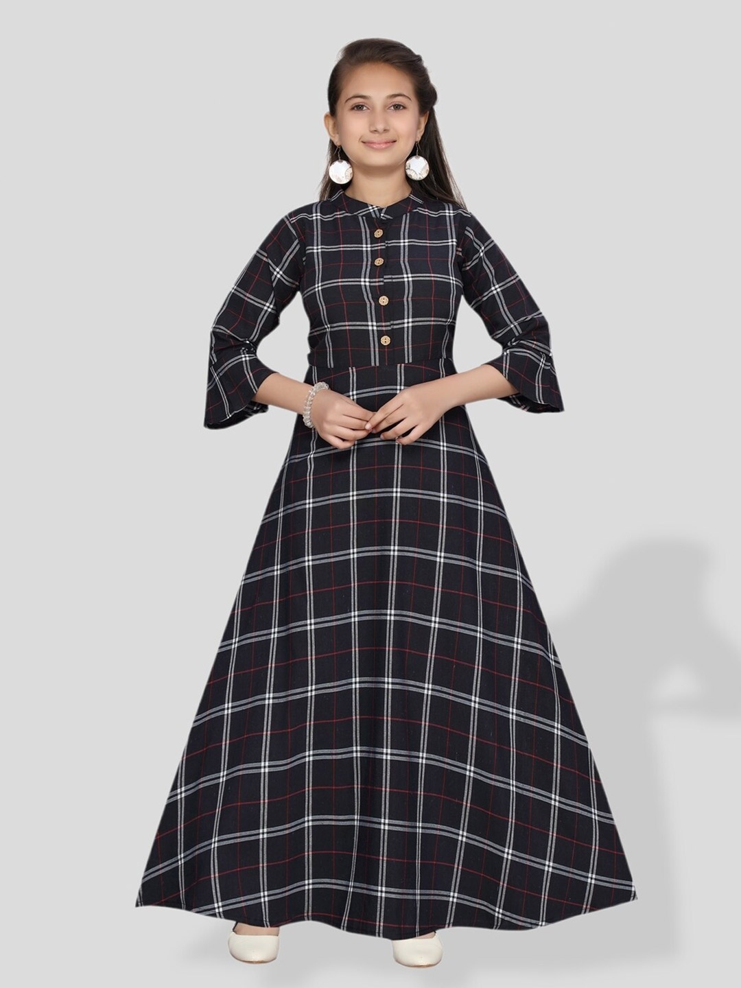 

BAESD Girls Checked Bell Sleeve Cotton Maxi Dress, Blue