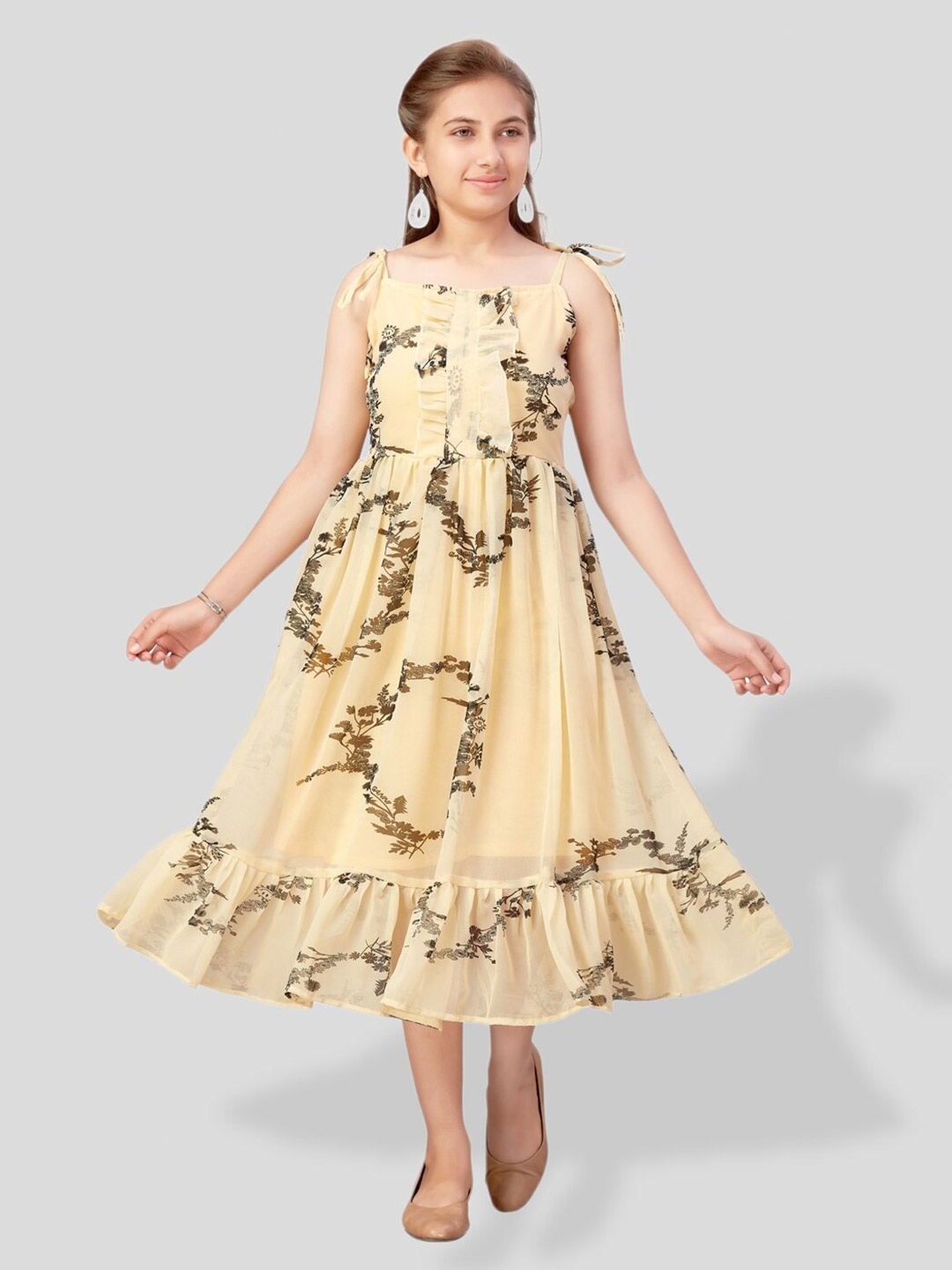BAESD Floral Printed Georgette Fit & Flare Midi Dress, Yellow