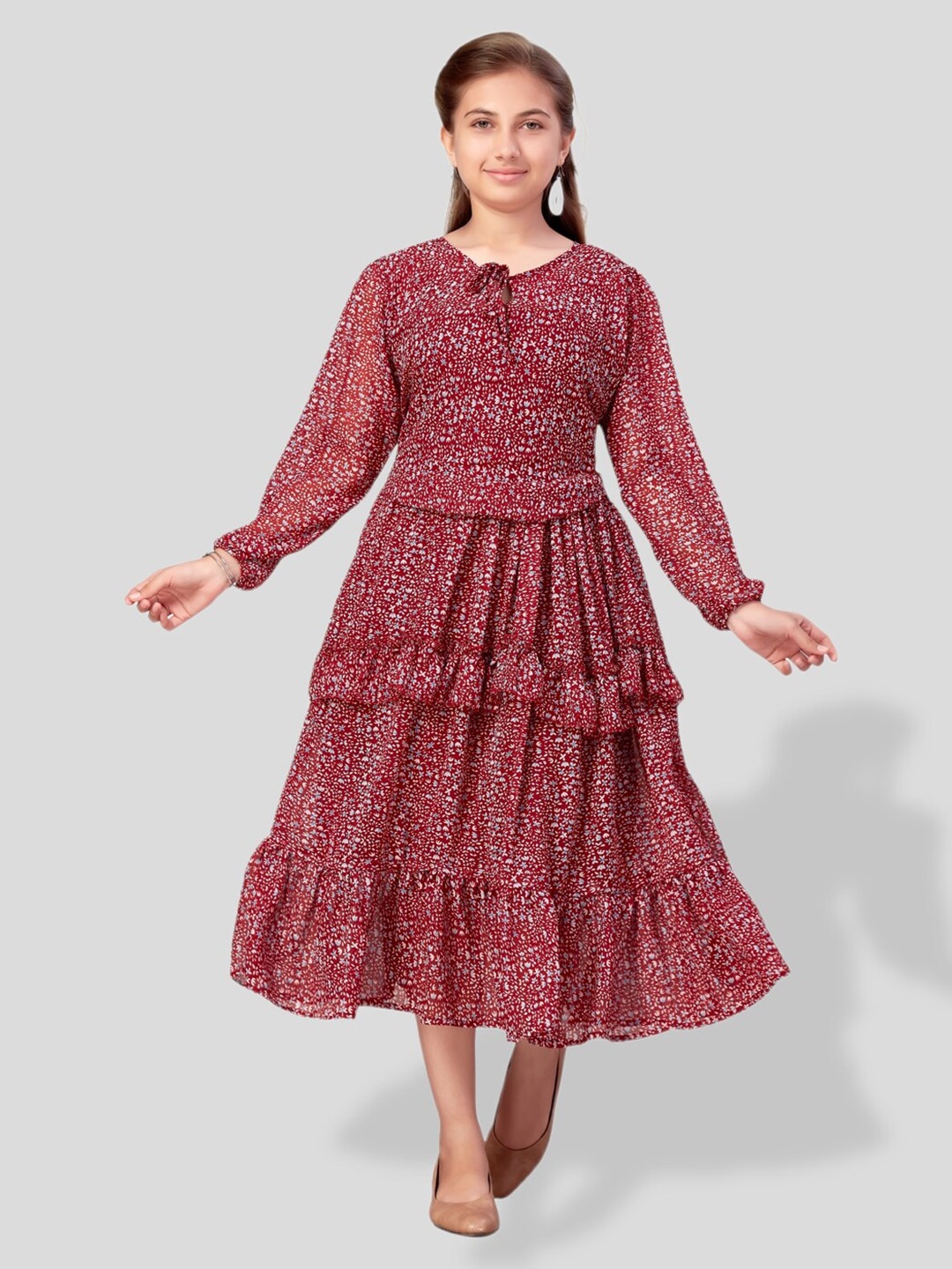 

BAESD Girls Floral Printed Tie-Up Neck Georgette Fit & Flare Dress, Maroon
